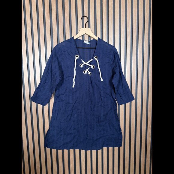 Echo Dress Large Womens Blue Navy Front Lace Up Sheer Lightweight Crinkle - Picture 1 of 6